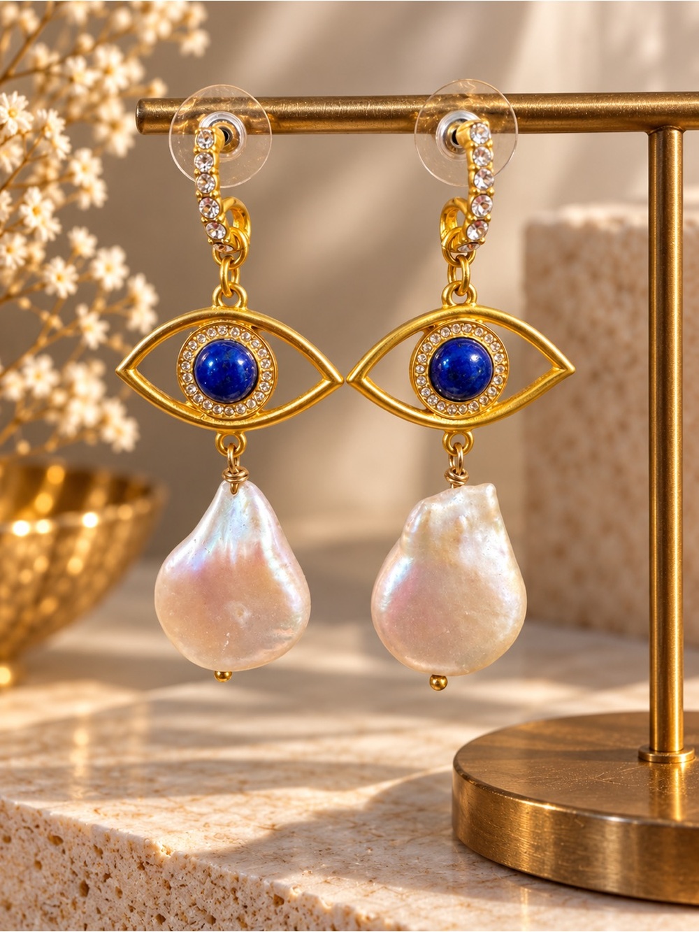 Gold Plated Blue Eye Drop Earrings with Pearl Dangles - Unbranded